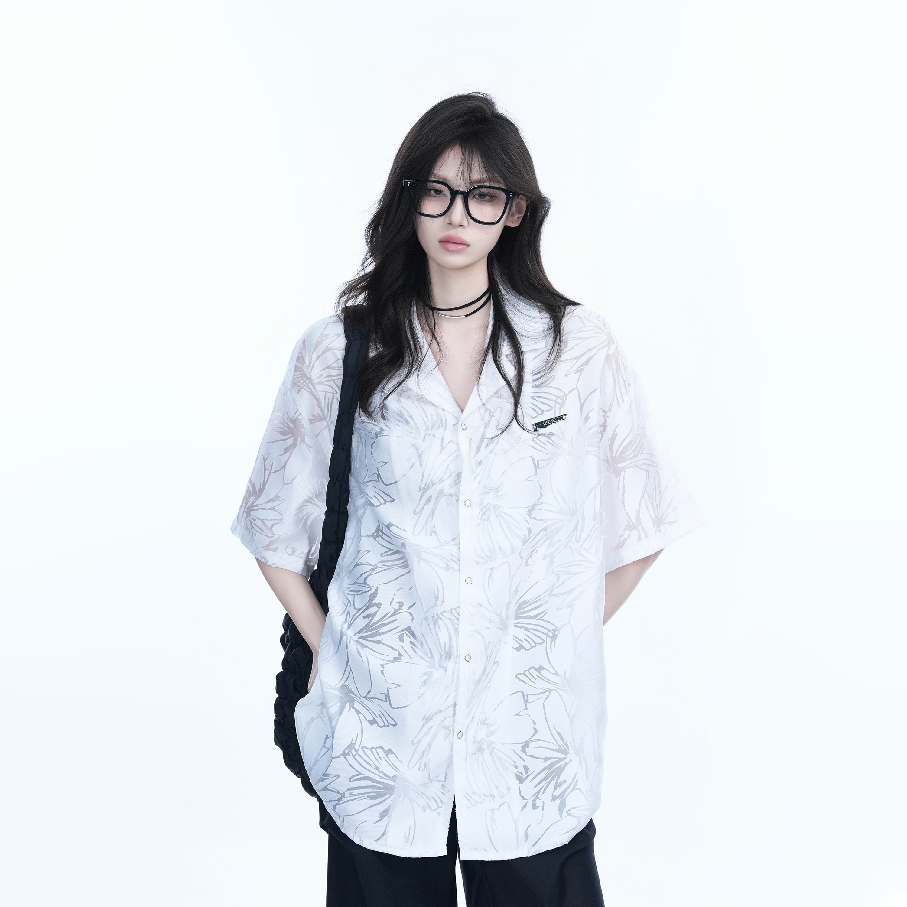 Hollow Semi-Transparent Short Sleeve Shirt for Women - National Trend Lightweight Loose Blouse for Summer, Y2K Style