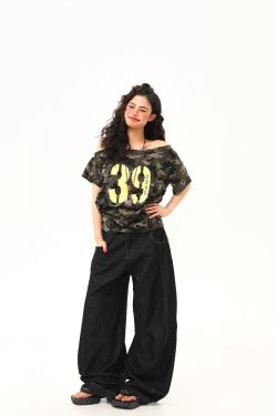 Hot Girl Off-Shoulder Camouflage Letter T-Shirt for Women, Slim-Fit Short Crop Top, Trendy Summer Drawstring Style