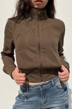 Industrial Style Zipper Jacket for Women - Deconstructed Splicing, Pocket, Stand Collar, Slim Fit, Cinched Waist, Short Coat