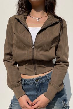 Industrial Style Zipper Jacket for Women - Deconstructed Splicing, Pocket, Stand Collar, Slim Fit, Cinched Waist, Short Coat