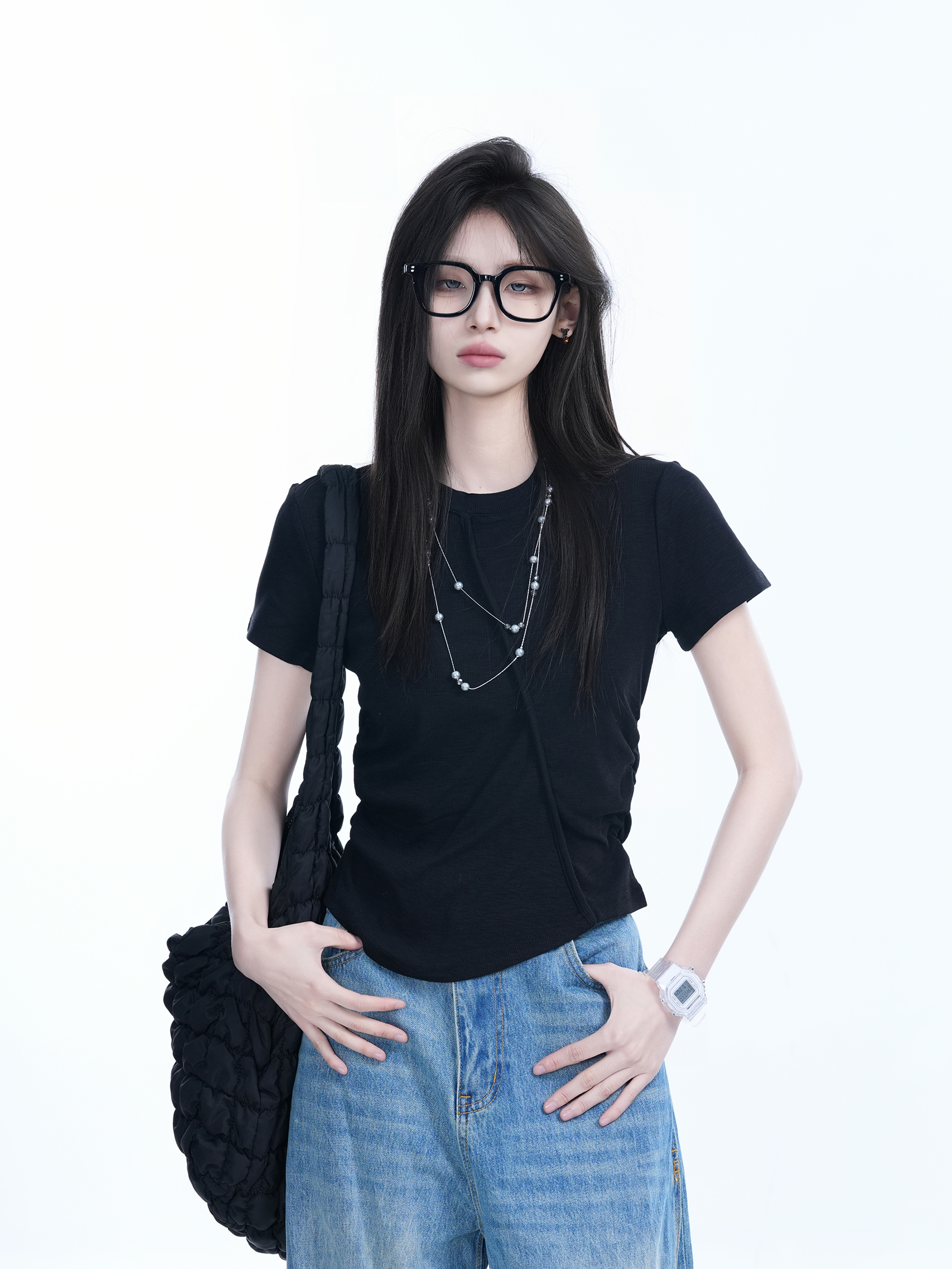 Irregular Pleated Slim Fit Short-Sleeved T-Shirt for Women - Trendy Casual Style