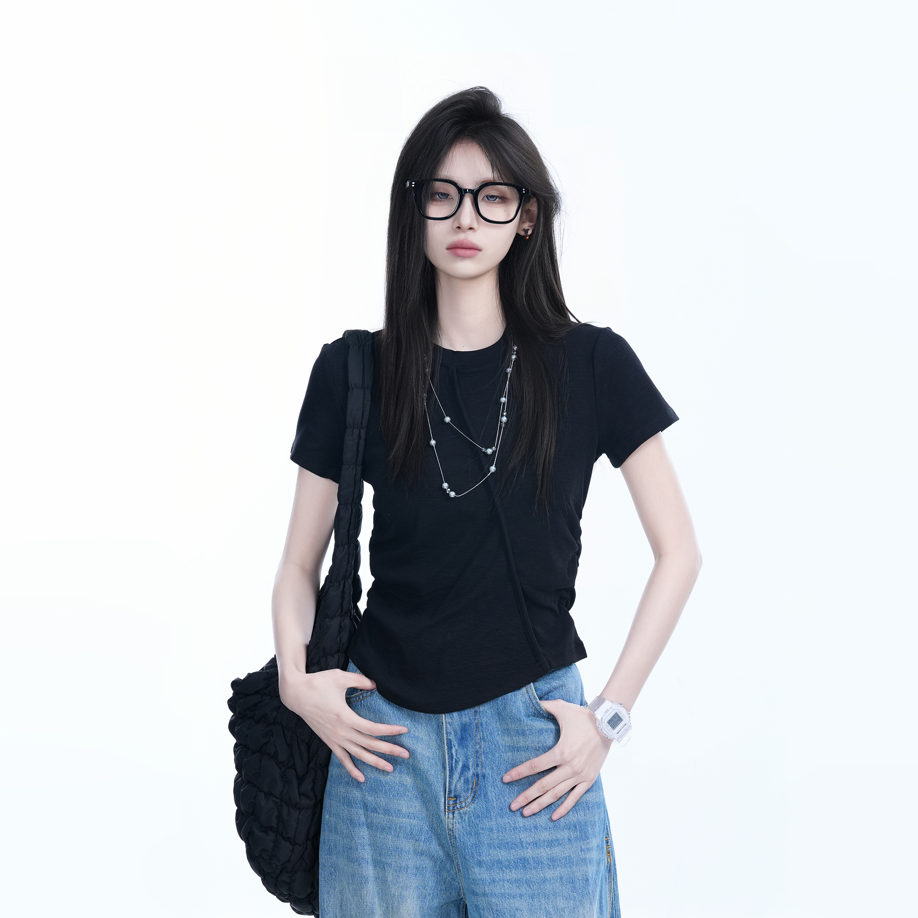 Irregular Pleated Slim Fit Short-Sleeved T-Shirt for Women - Trendy Casual Style