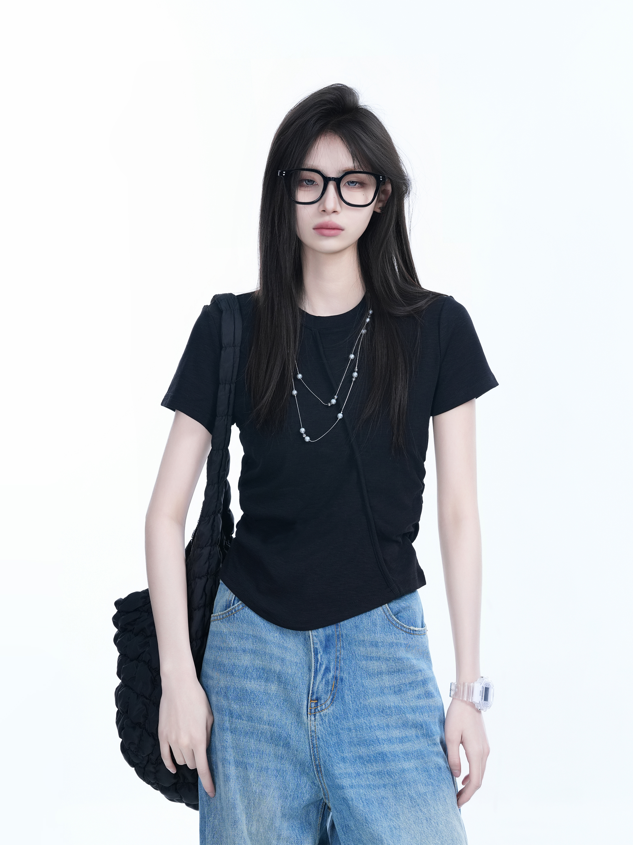 Irregular Pleated Slim Fit Short-Sleeved T-Shirt for Women - Trendy Casual Style