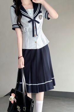 Japanese College Style Sailor Suit with Navy Collar and Waist-Collecting Design - Women's Summer Short Sleeve JK Uniform Set
