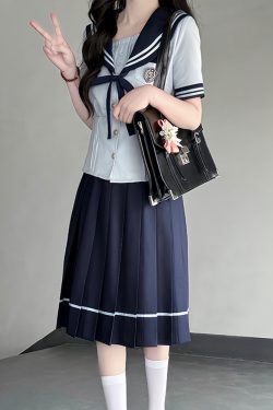 Japanese College Style Sailor Suit with Navy Collar and Waist-Collecting Design - Women's Summer Short Sleeve JK Uniform Set