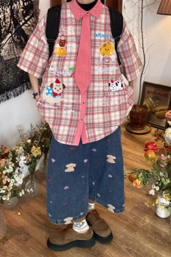 Japanese Retro Cartoon Embroidered Plaid Short Sleeve Shirt for Women - Summer College Style Top