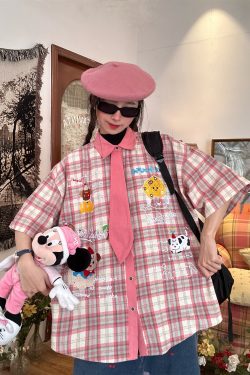 Japanese Retro Cartoon Embroidered Tie Plaid Short Sleeve Shirt for Women - Summer College Style Top