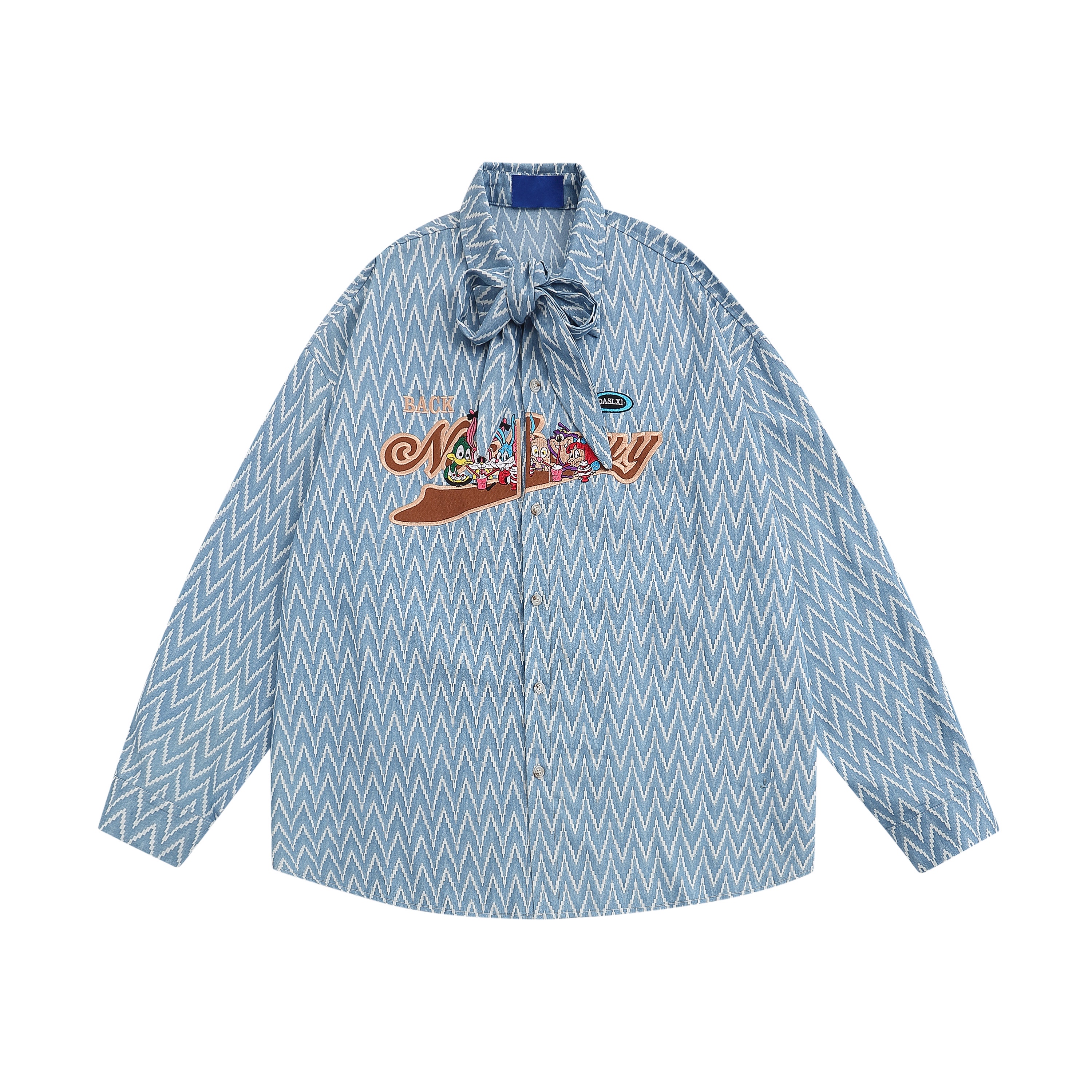 Japanese Retro Cartoon Embroidery Bow Tie Collar Shirt - Loose Gender-Neutral Summer Fashion 90s Style Top