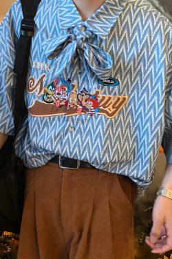 Japanese Retro Cartoon Embroidery Bow Tie Collar Shirt - Loose Gender-Neutral Summer Fashion 90s Style Top