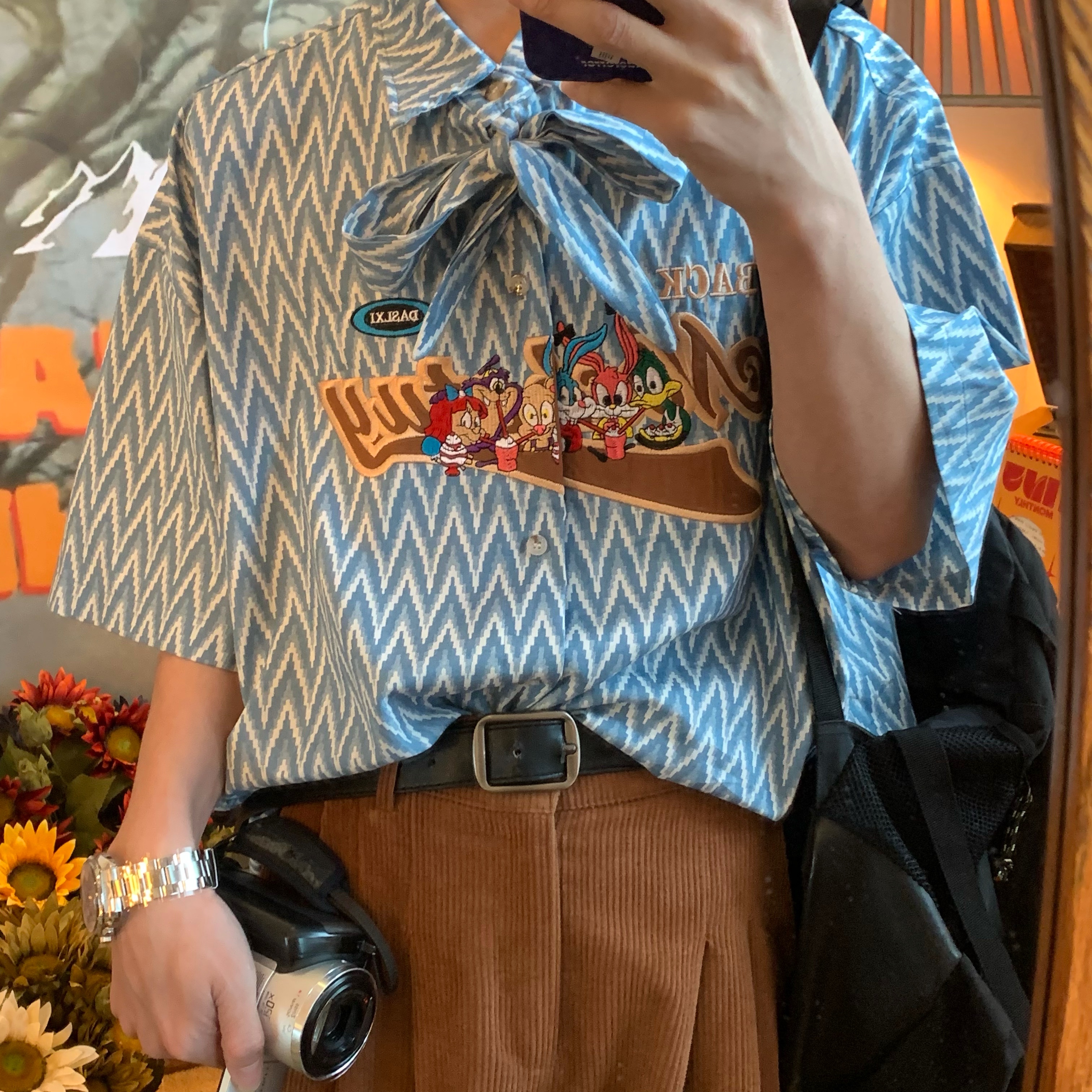 Japanese Retro Cartoon Embroidery Shirt, Loose Gender-Neutral Bow Tie Collar, Summer 90s Ins Style Top