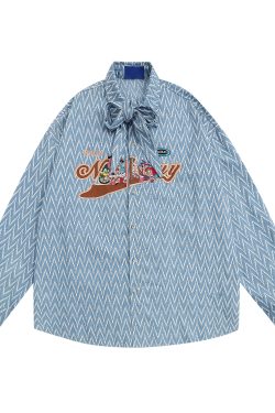 Japanese Retro Cartoon Embroidery Shirt, Loose Gender-Neutral Bow Tie Collar, Summer 90s Ins Style Top