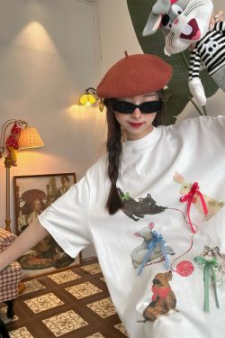 Japanese Retro Cute Cat Print Short Sleeve T-Shirt for Women with Bow and Round Neck - Fun Y2K Style Loose Fit Top