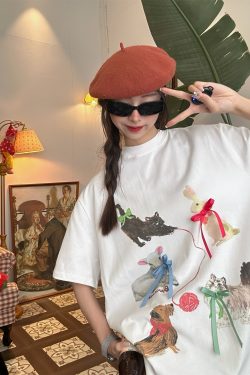 Japanese Retro Cute Cat Print Short Sleeve T-Shirt for Women with Bow and Round Neck - Fun Y2K Style Loose Fit Top