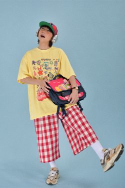 Japanese Retro Plaid Loose Casual Unisex Wide-Leg Summer Pants - Versatile Three-Quarter Length for Effortless Style