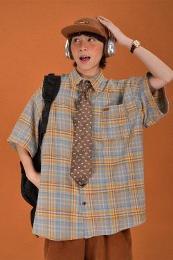 Japanese Retro Plaid Short Sleeve Shirt for Men and Women, Summer Versatile Loose Checkered Half Sleeve Top - Y2K Style