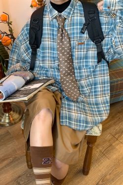 Japanese Retro Plaid Short Sleeve Shirt for Men and Women, Summer Versatile Loose Checkered Half Sleeve Top - Y2K Style