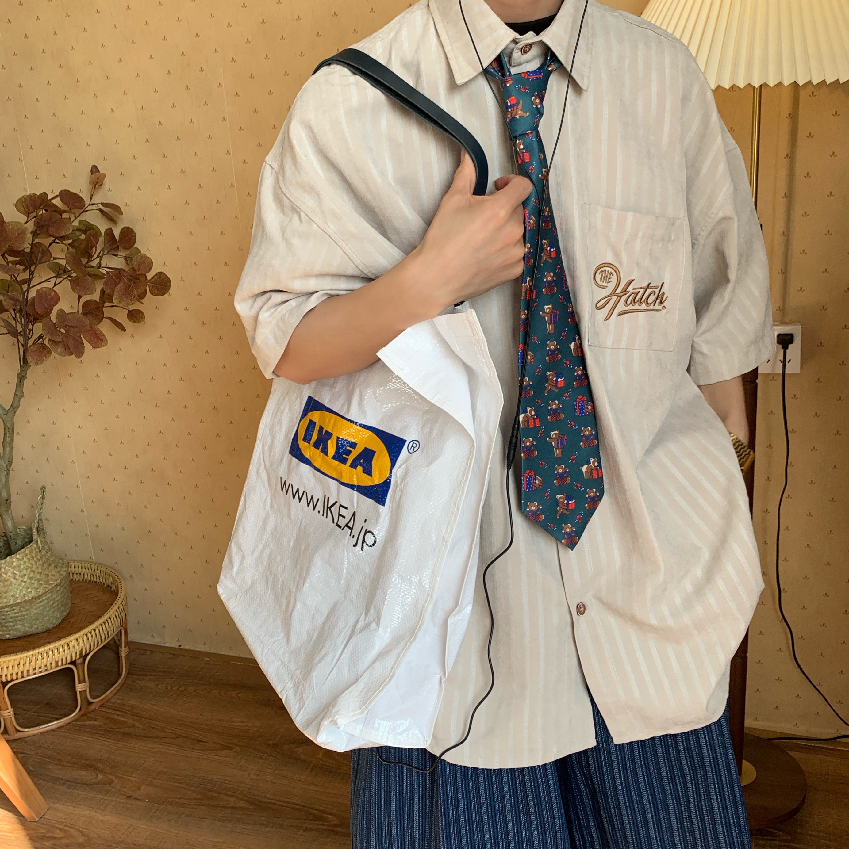 Japanese Retro Vertical Striped Short Sleeve Shirt for Summer, Versatile Half Sleeve Couple's Top in Hong Kong Style