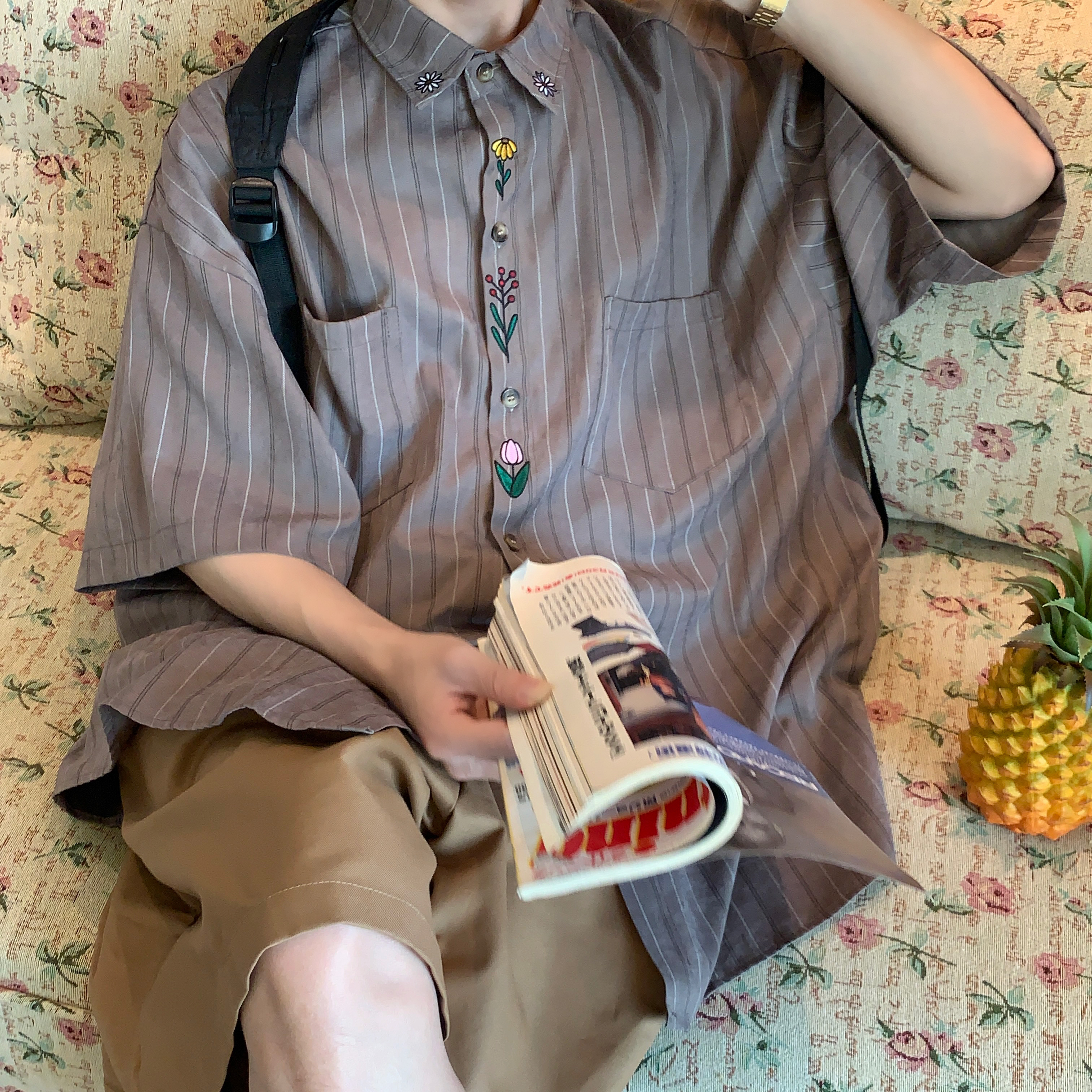 Japanese Retro Vertical Striped Short Sleeve Shirt, Handmade Vintage Embroidered Summer Couple Top, Y2K Niche Design