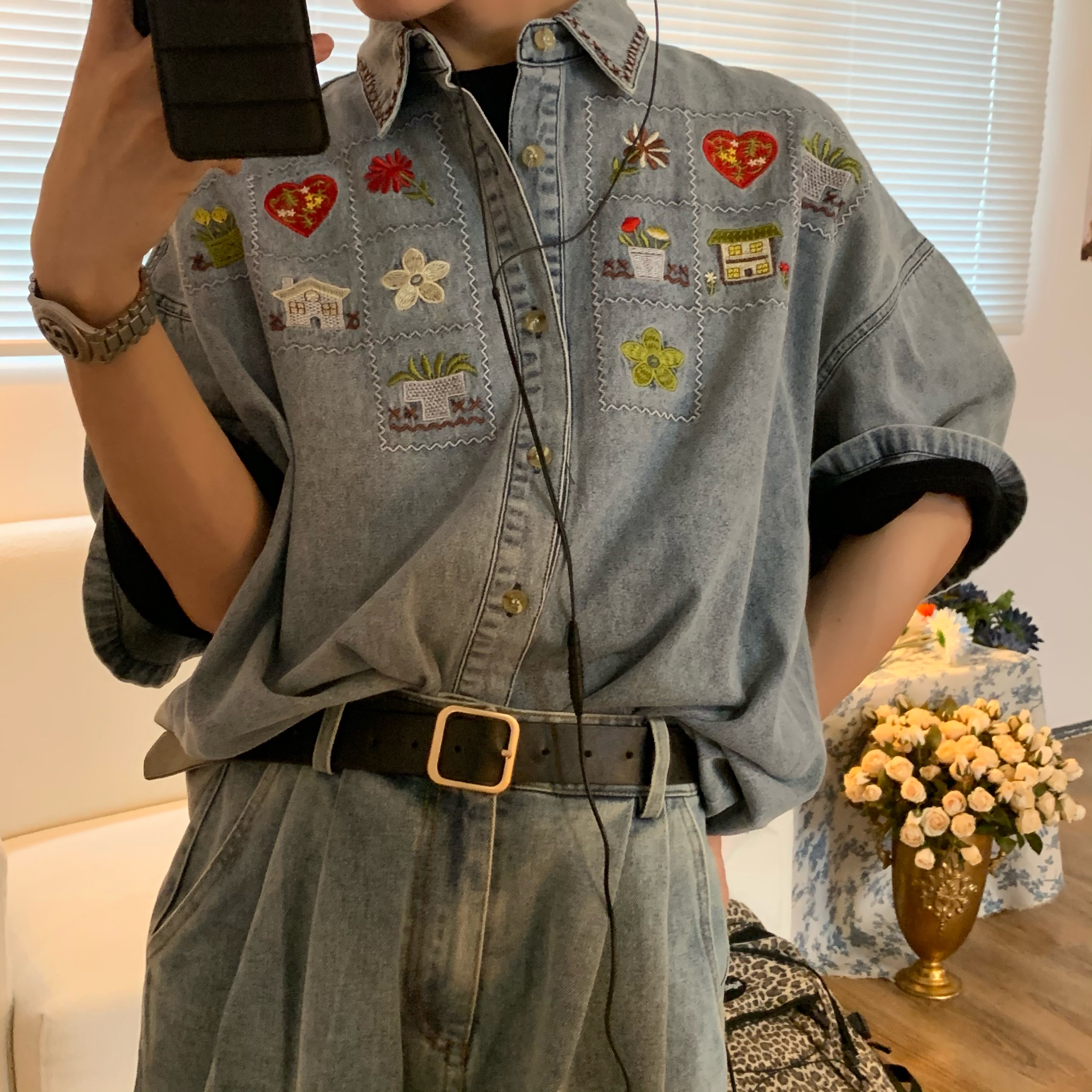 Japanese Retro Vintage Washed Denim Shirt for Summer - Short Sleeve Couple Top - 90s Inspired Fashion