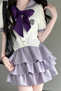 Japanese Sailor Suit Women's Summer Outfit - Pudding Bear Inspired JK Uniform with Waist-Defined Short Sleeve & Purple Cake Skirt