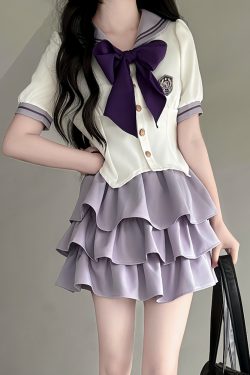 Japanese Sailor Suit Women's Summer Outfit - Pudding Bear Inspired JK Uniform with Waist-Defined Short Sleeve & Purple Cake Skirt