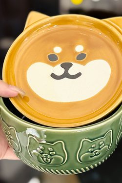Japanese-Style Cute Shiba Inu Double-Ear Ceramic Noodle Bowl with Lid, Large-Capacity, High-End, Microwave-Safe for Home Use