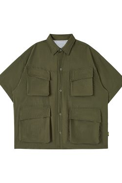 Japanese-Style Retro Multi-Pocket Short Sleeve Shirt Jacket for Men - Summer Casual Loose Fit Trendy Workwear