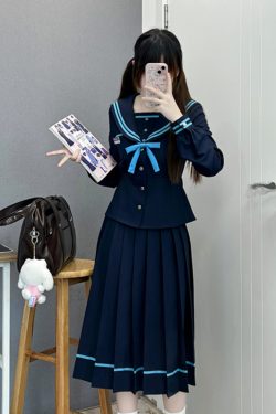 JK Long Sleeve Navy Collar Top & Dark Blue Long Skirt Set - School Supply Style, College Aesthetic, Y2K Fashion