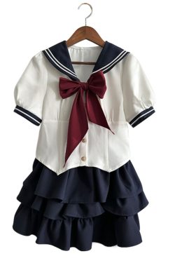 JK Uniform Set for Women - College Style Long & Short Sleeve Shirt with Waist-Cinching Design & Cake Skirt, Sailor Suit Inspired