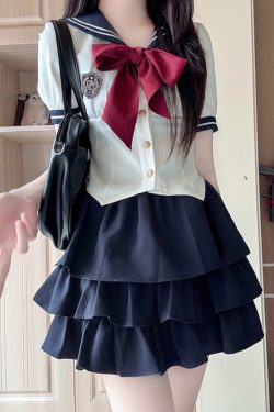 JK Uniform Set for Women - College Style Long & Short Sleeve Shirt with Waist-Cinching Design & Cake Skirt, Sailor Suit Inspired