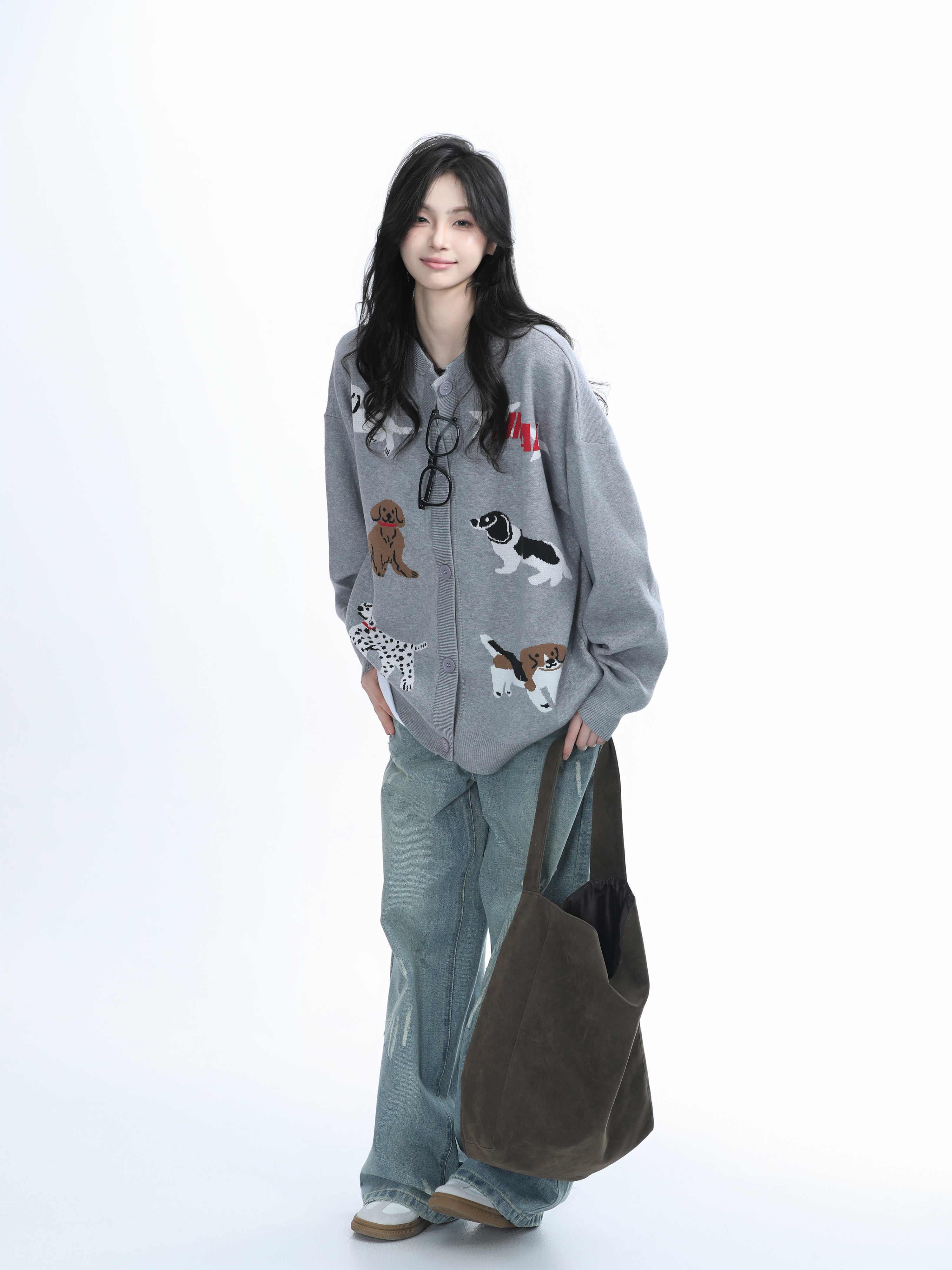 Knitted Cardigan with Retro Cartoon Dog Embroidery for Women - Lazy Style American Vintage Fashion
