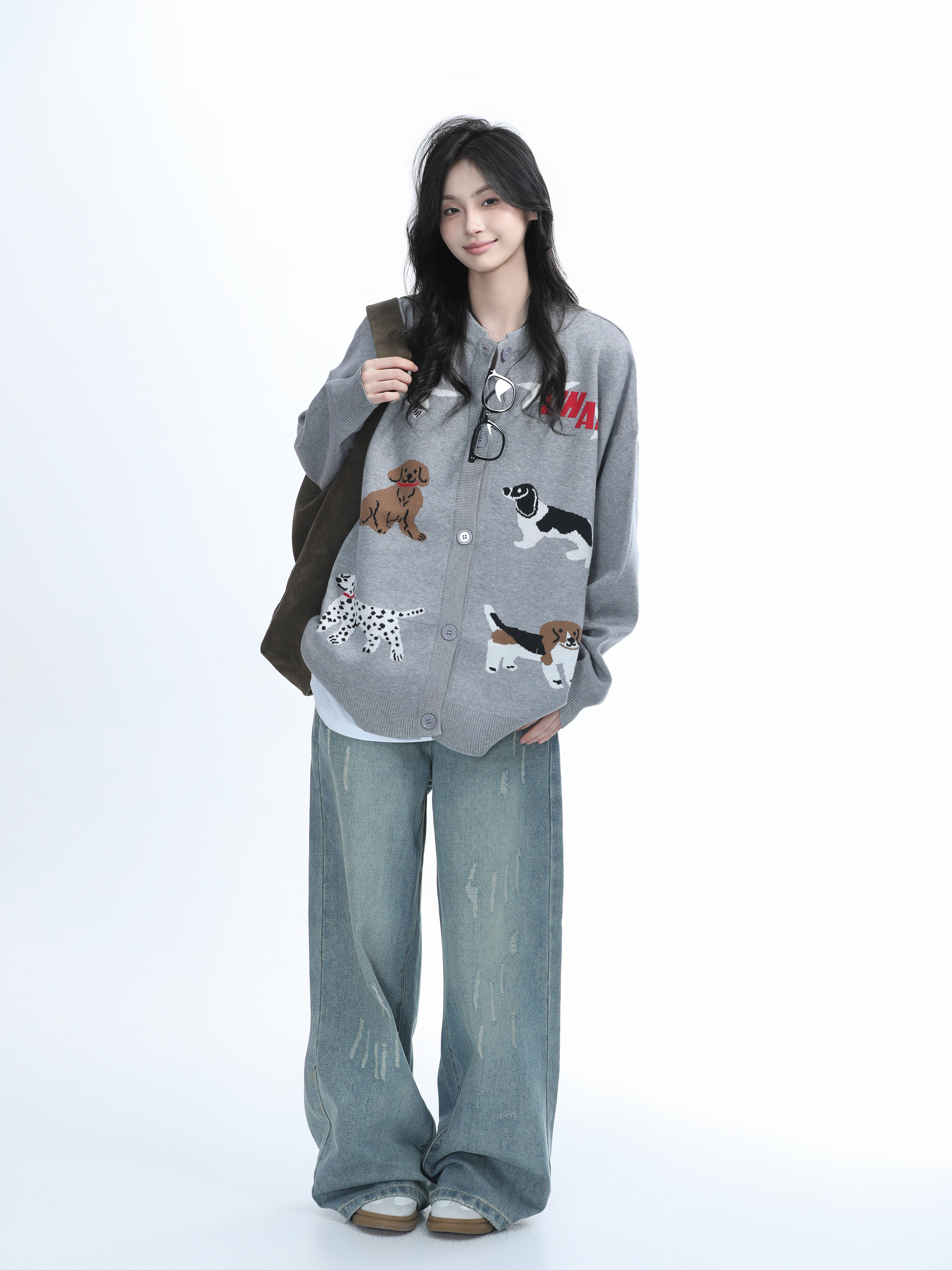 Knitted Cardigan with Retro Cartoon Dog Embroidery for Women - Lazy Style American Vintage Fashion
