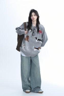 Knitted Cardigan with Retro Cartoon Dog Embroidery for Women - Lazy Style American Vintage Fashion