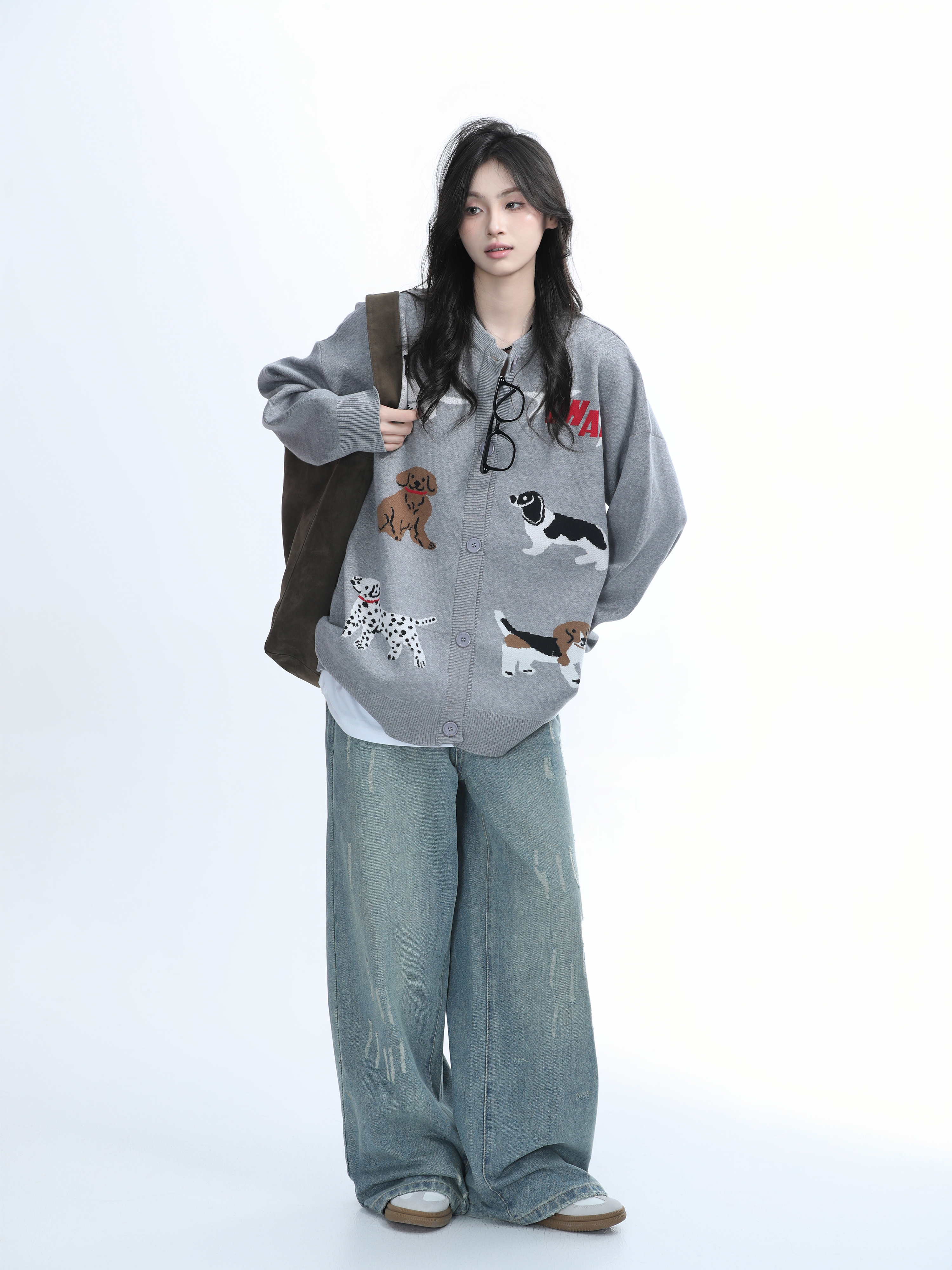 Knitted Cardigan with Retro Cartoon Dog Embroidery for Women - Lazy Style American Vintage Fashion