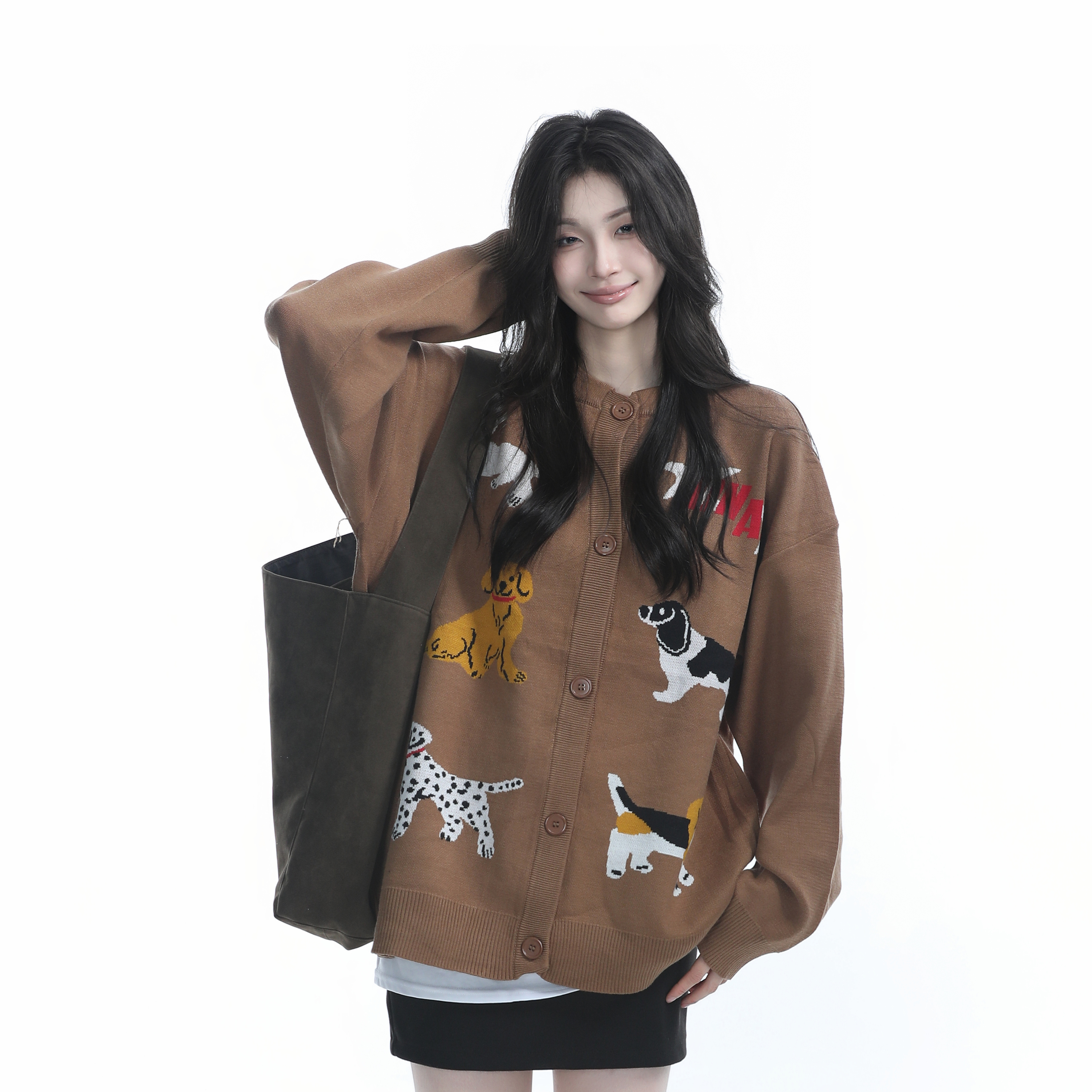 Knitted Cardigan with Retro Cartoon Dog Embroidery for Women - Lazy Style American Vintage Fashion