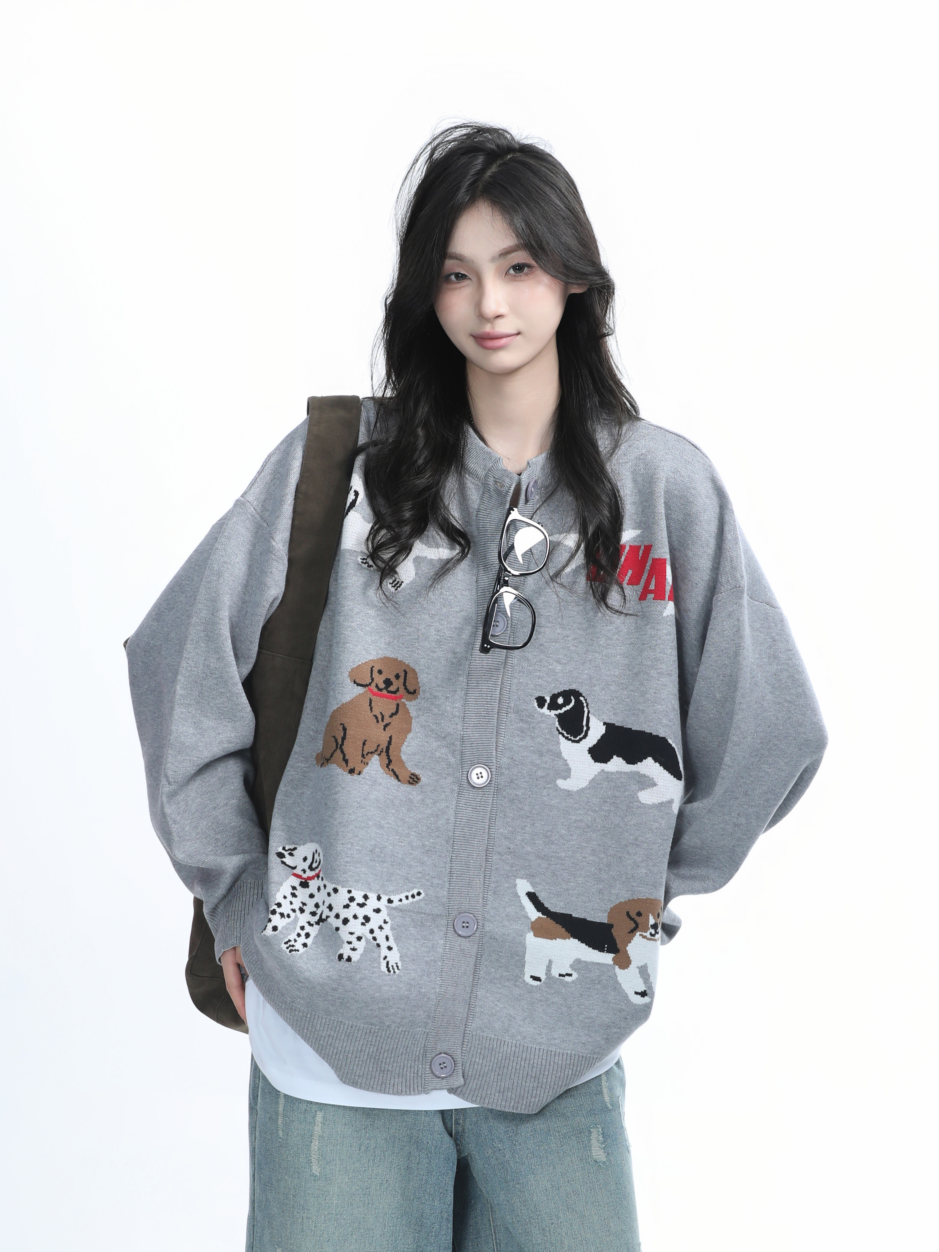 Knitted Cardigan with Retro Cartoon Dog Embroidery for Women - Lazy Style American Vintage Fashion