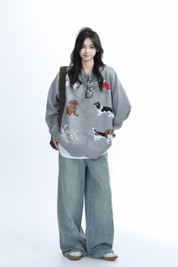 Knitted Cardigan with Retro Cartoon Dog Embroidery for Women - Lazy Style American Vintage Fashion