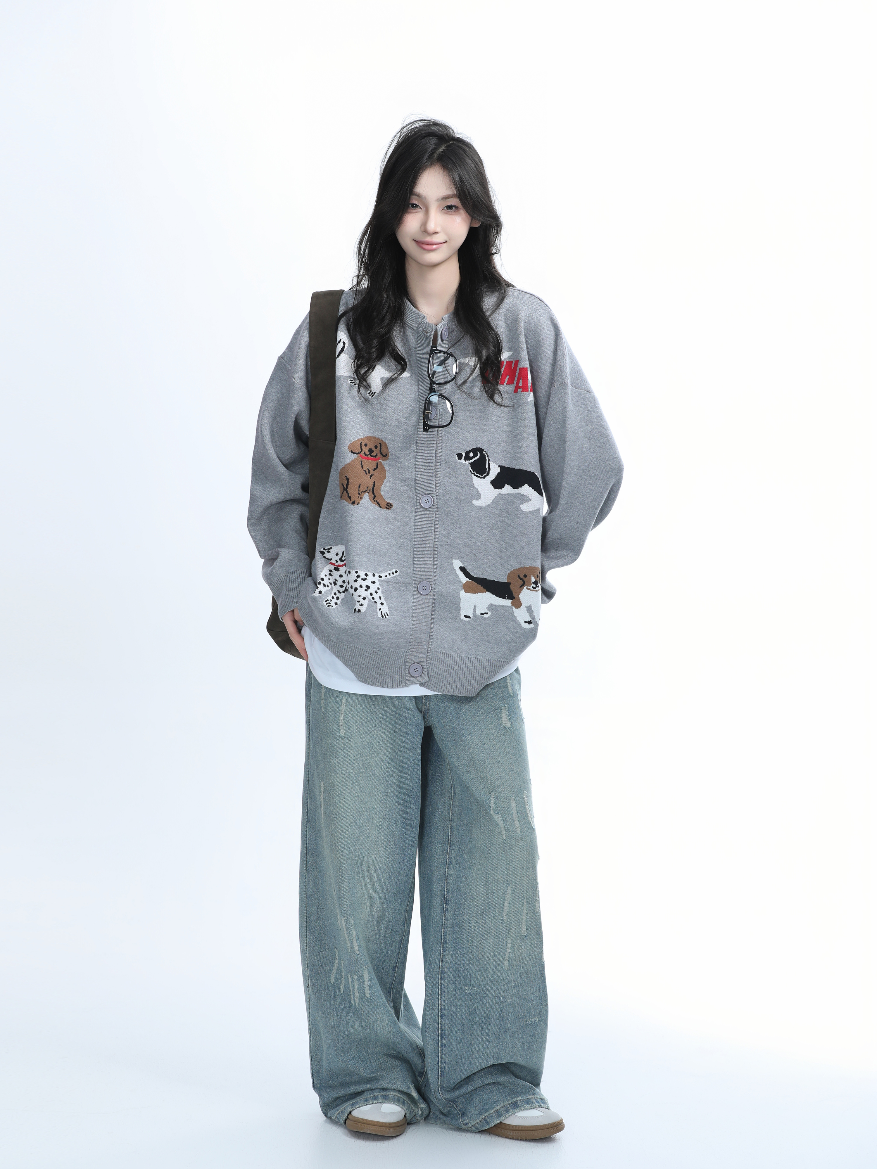 Knitted Cardigan with Retro Cartoon Dog Embroidery for Women - Lazy Style American Vintage Fashion