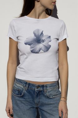 Korean Style Blue Floral Short-Sleeve Fitted Cotton T-Shirt - High-Stretch Sweet Girl Top for Women