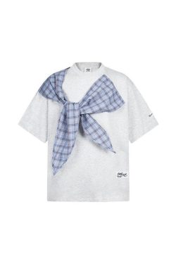 Korean Style Bow Tie Patterned Short Sleeve T-Shirt for Women - Summer 2025 College Fashion Trend