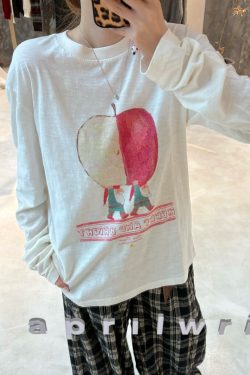 Korean Style Cartoon Print Loose Round Neck Long Sleeve T-Shirt in Soft Bamboo Cotton - Casual & Comfortable Fashion Essential