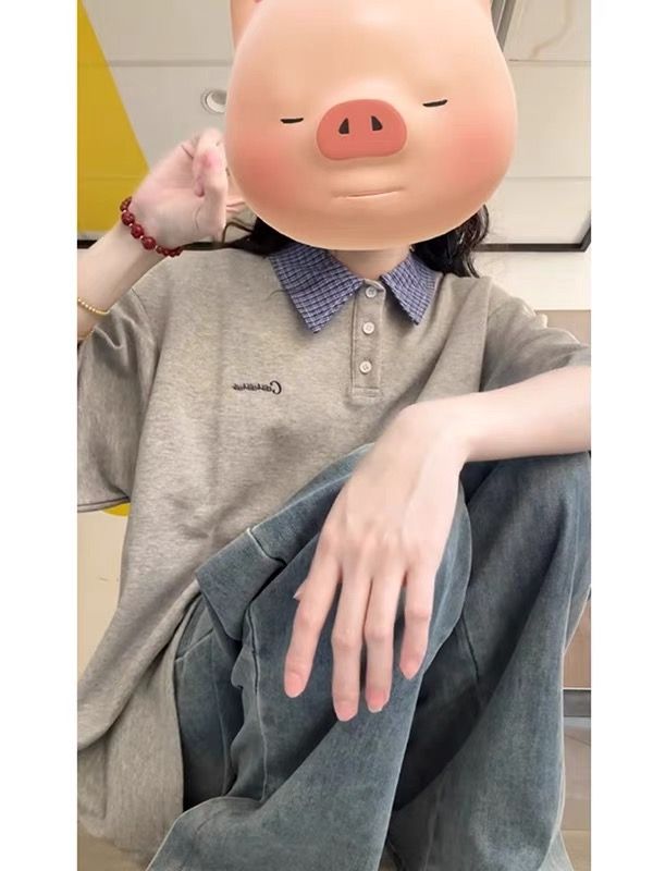 Korean-Style Color-Blocked Patchwork Plaid Polo T-Shirt for Girls - Short Sleeve Summer Top for Middle and High School Students - Gray
