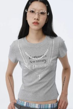 Korean Style Creative Pearl Necklace Slogan Short-Sleeved Slim-Fit High-Stretch Cotton T-Shirt