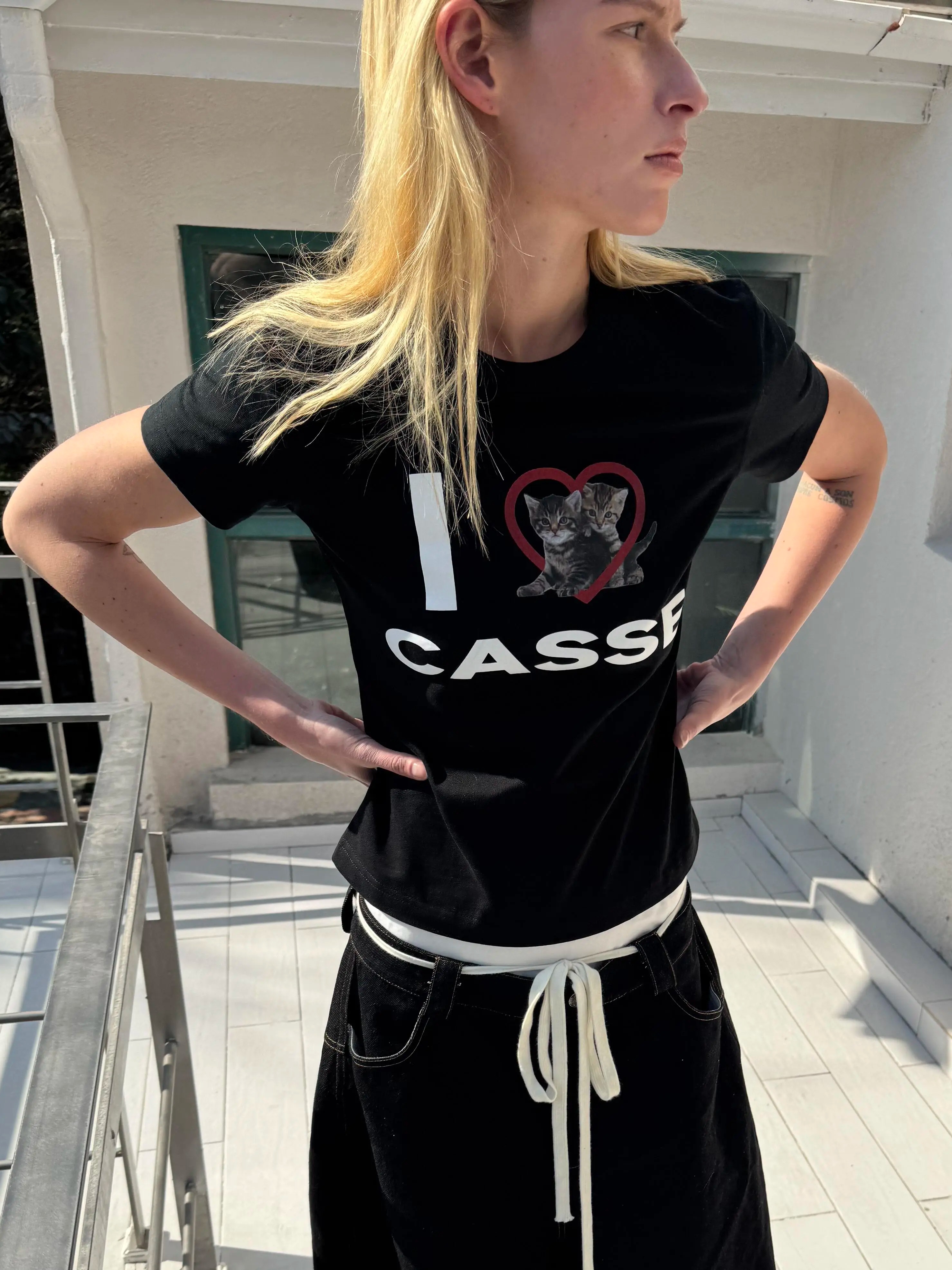 Korean Style Heart Cat Cartoon Print Slim Fit Pure Cotton High Stretch Short Sleeve T-Shirt for Women