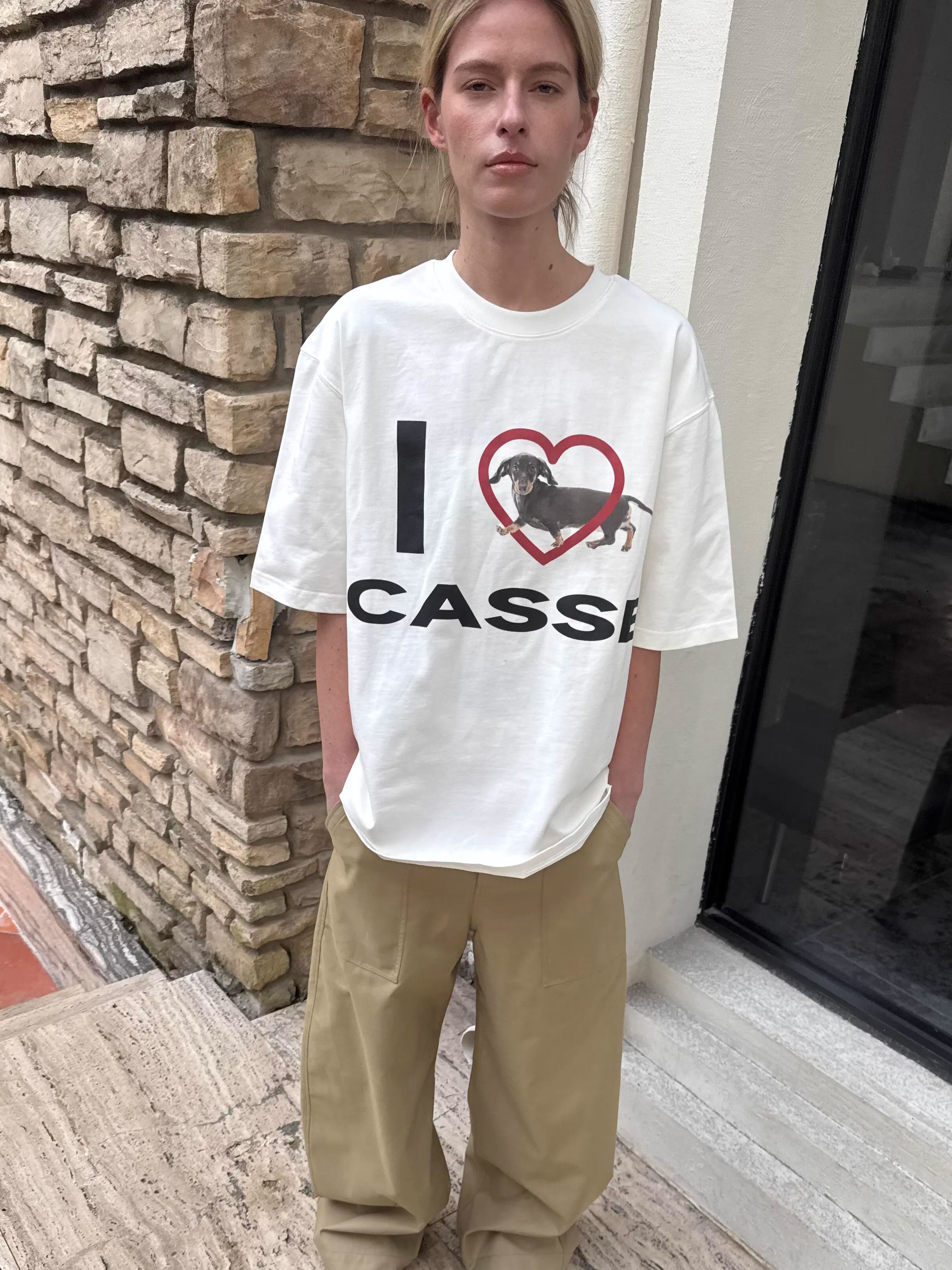 Korean Style Heart-Shaped Sausage Dog Cartoon Print Casual Loose Cotton Short Sleeve T-Shirt Top for Everyday Wear