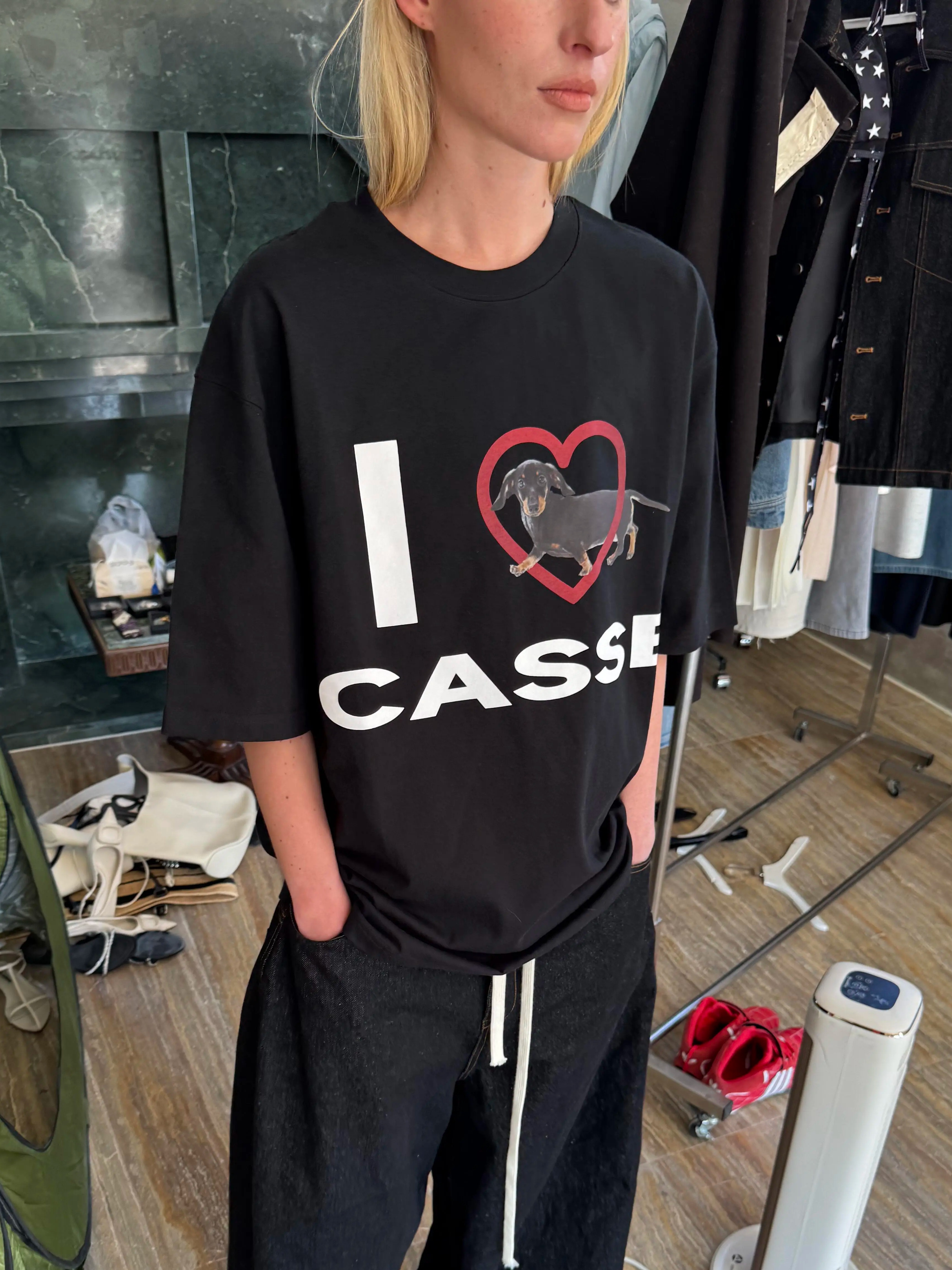 Korean Style Heart-Shaped Sausage Dog Cartoon Print Casual Loose Cotton Short Sleeve T-Shirt Top for Everyday Wear