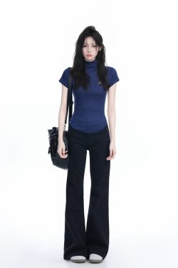 Korean-Style High-Neck Embroidered Short Sleeve T-Shirt for Women – Trendy Fitted Top for Spicy Y2K Fashion Lovers