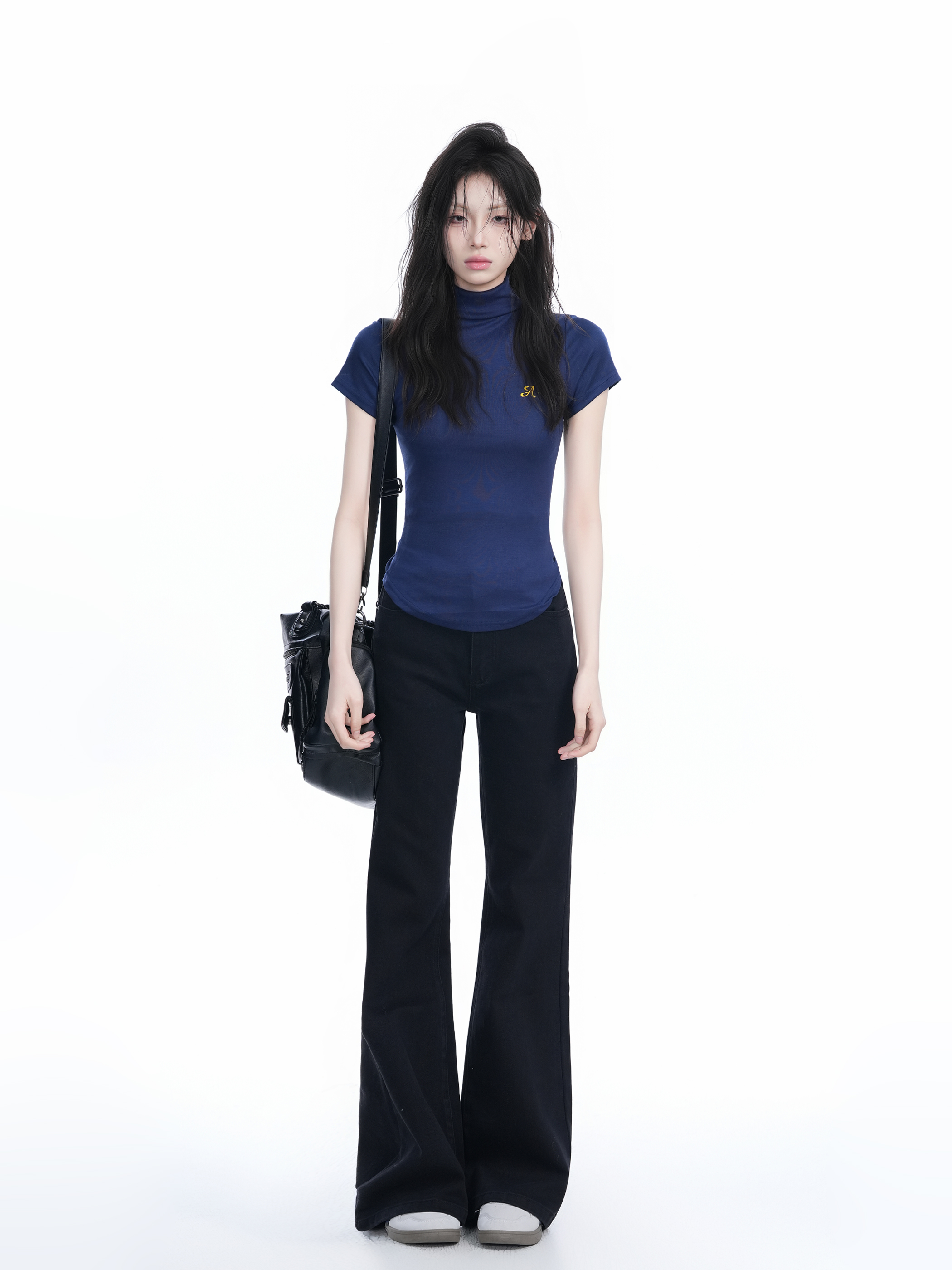 Korean-Style High-Neck Embroidered Short Sleeve T-Shirt for Women – Trendy Fitted Top for Spicy Y2K Fashion Lovers