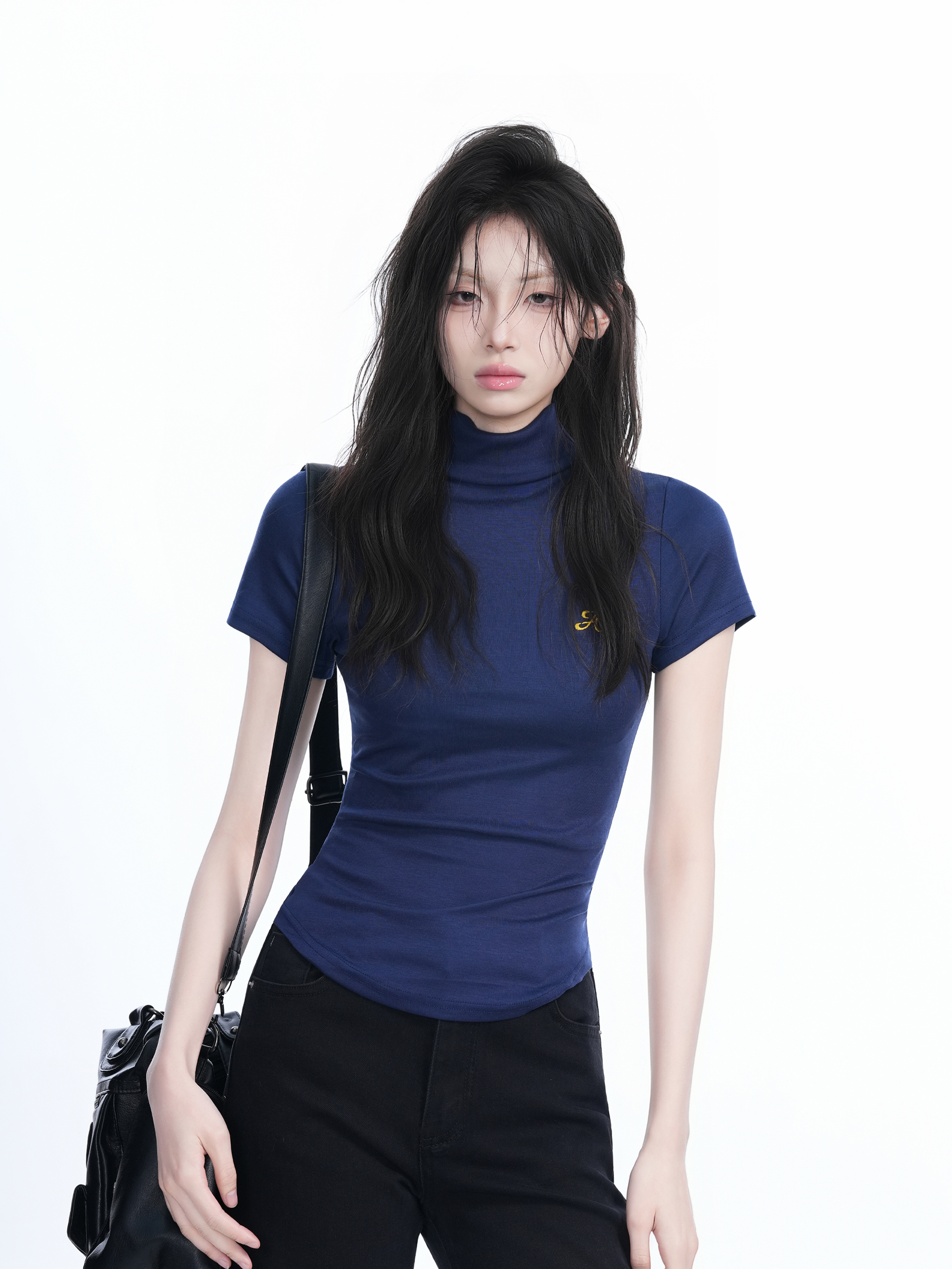 Korean-Style High-Neck Embroidered Short Sleeve T-Shirt for Women – Trendy Fitted Top for Spicy Y2K Fashion Lovers