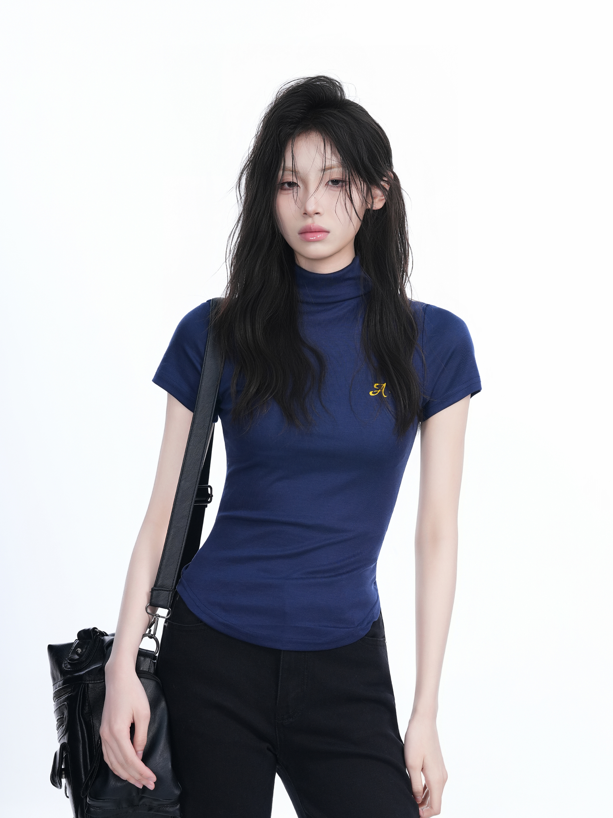 Korean-Style High-Neck Embroidered Short Sleeve T-Shirt for Women – Trendy Fitted Top for Spicy Y2K Fashion Lovers